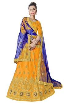 Yellow Embroidered Art Silk Semi Stitched Lehenga With Duaptta