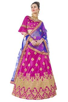 Pink Embroidered Art Silk Semi Stitched Lehenga With Duaptta