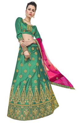 Green Embroidered Art Silk Semi Stitched Lehenga With Duaptta 1