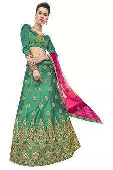 Green Embroidered Art Silk Semi Stitched Lehenga With Duaptta