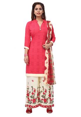 Pink Floral Print Synthetic Salwar With Dupatta 1