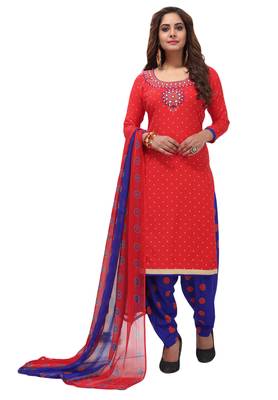 Red Floral Print Synthetic Salwar With Dupatta 1