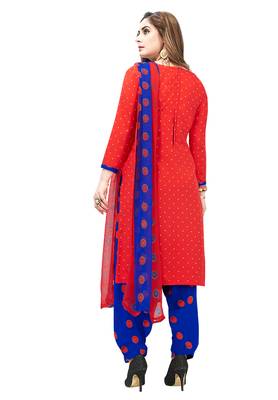 Red Floral Print Synthetic Salwar With Dupatta 2