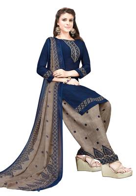 Navy Blue Floral Print Synthetic Salwar With Dupatta 1