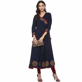Neavy Blue Colour Cotton Kurti With Latkan And Printed Cut 1