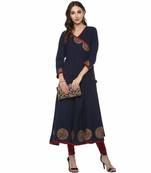 Neavy Blue Colour Cotton Kurti With Latkan And Printed Cut