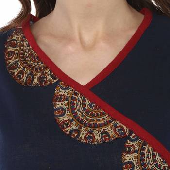 Neavy Blue Colour Cotton Kurti With Latkan And Printed Cut 3