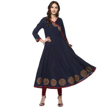 Neavy Blue Colour Cotton Kurti With Latkan And Printed Cut 4