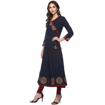 Neavy Blue Colour Cotton Kurti With Latkan And Printed Cut 5
