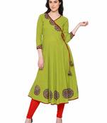Parrot Colour Cotton Kurti With Latkan And Printed Cut