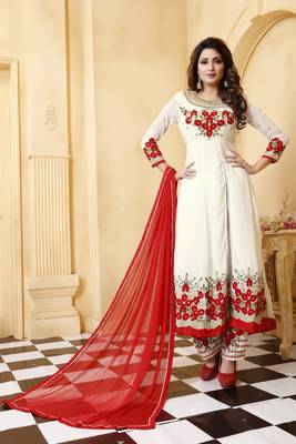 Off white embroidered faux georgette semi stitched salwar with dupatta 1