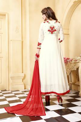 Off white embroidered faux georgette semi stitched salwar with dupatta 2