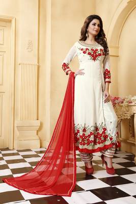 Off white embroidered faux georgette semi stitched salwar with dupatta 3