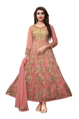 Light peach embroidered net semi stitched salwar with dupatta 1