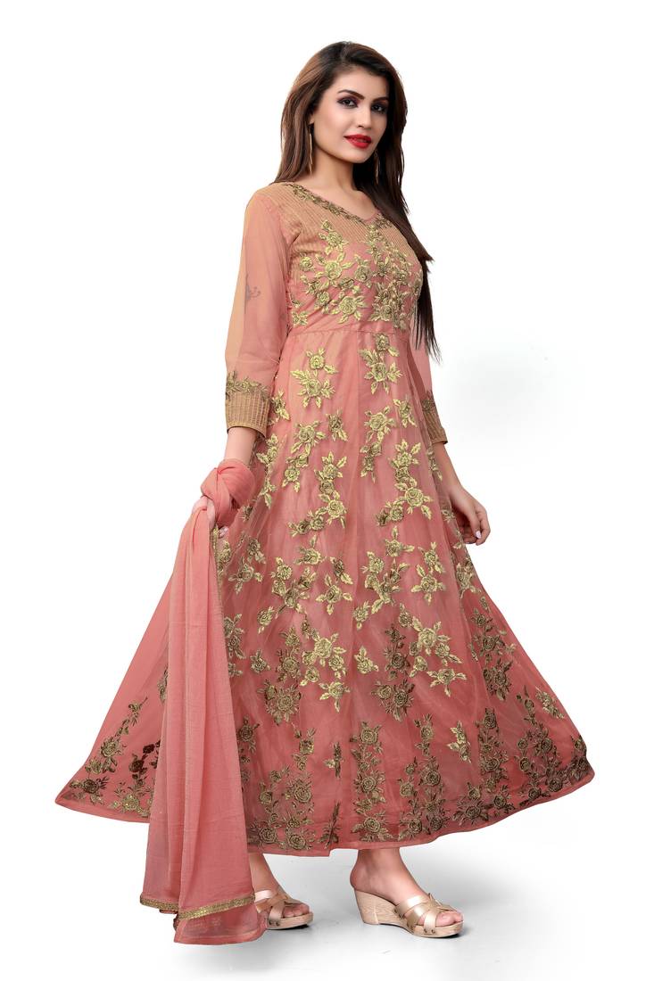 Light peach embroidered net semi stitched salwar with dupatta