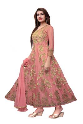 Light peach embroidered net semi stitched salwar with dupatta 3