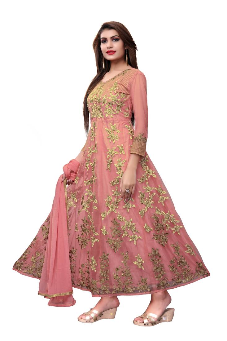 Light peach embroidered net semi stitched salwar with dupatta