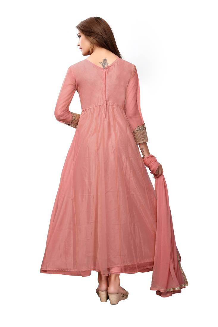 Light peach embroidered net semi stitched salwar with dupatta