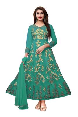 Turquoise embroidered net semi stitched salwar with dupatta 1