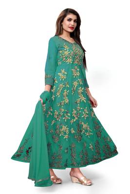 Turquoise embroidered net semi stitched salwar with dupatta 2