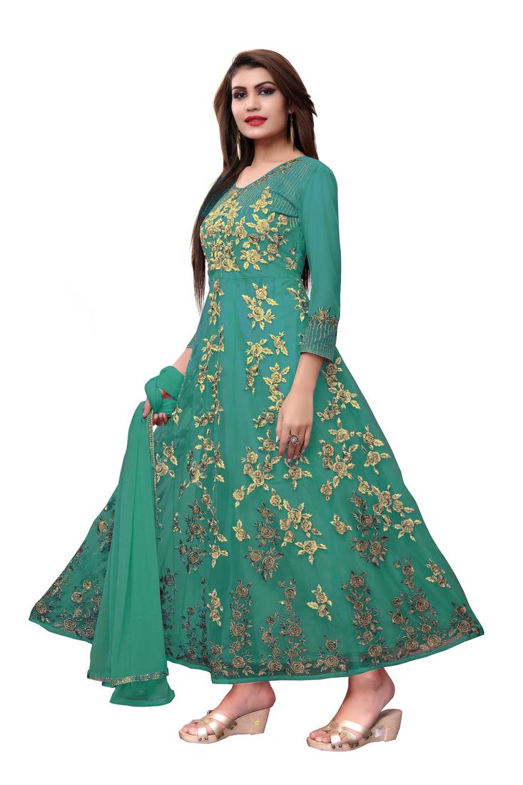 Turquoise embroidered net semi stitched salwar with dupatta