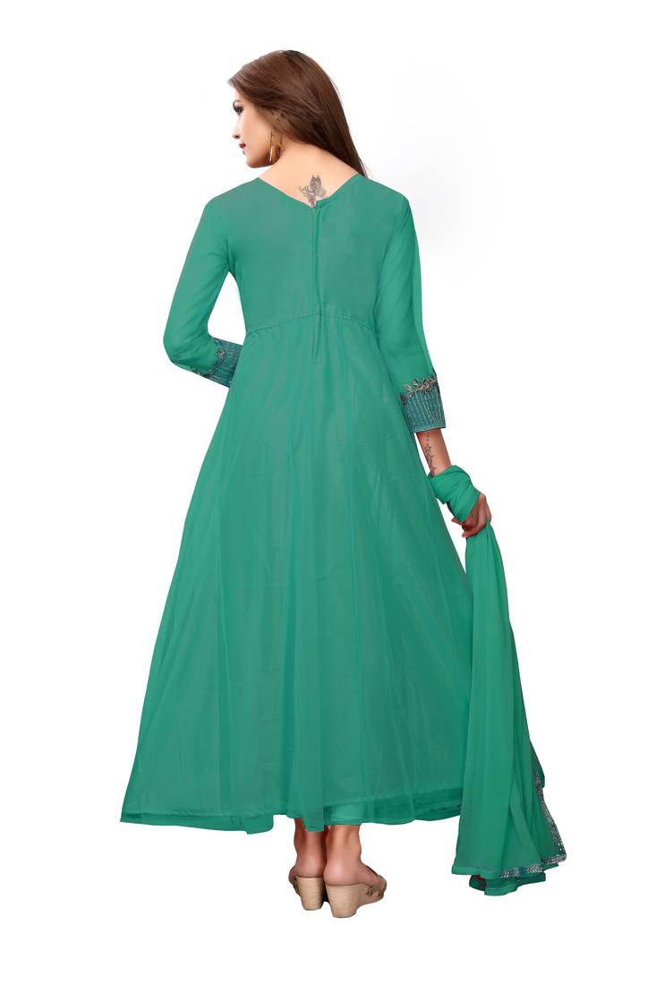 Turquoise embroidered net semi stitched salwar with dupatta