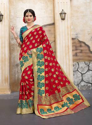 Red woven silk blend saree with blouse 1