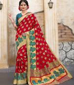 Red woven silk blend saree with blouse