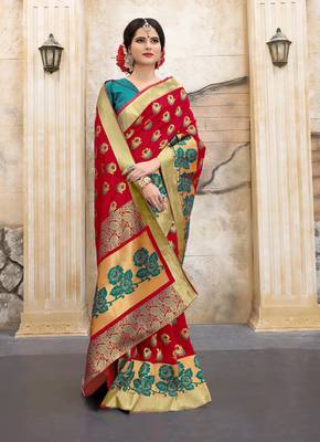 Red woven silk blend saree with blouse 5