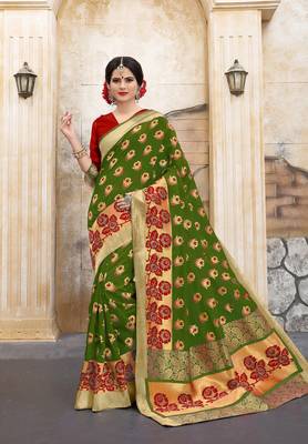 Mehendi woven silk blend saree with blouse 1