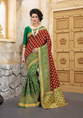 Red woven silk blend saree with blouse 1