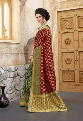 Red woven silk blend saree with blouse 3