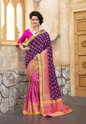 Navy blue woven silk blend saree with blouse 1