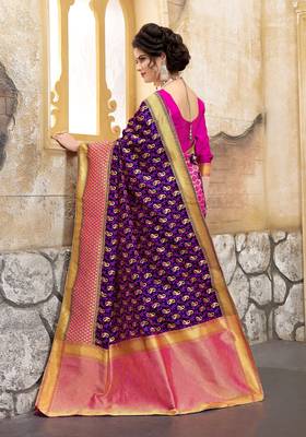 Navy blue woven silk blend saree with blouse 2