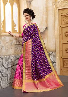 Navy blue woven silk blend saree with blouse 3