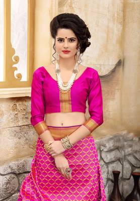 Navy blue woven silk blend saree with blouse 4