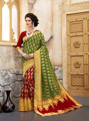 Mehendi woven silk blend saree with blouse 1