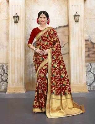Red woven silk blend saree with blouse 1