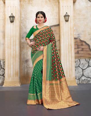 Red woven silk blend saree with blouse 1
