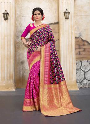 Navy blue woven silk blend saree with blouse 1
