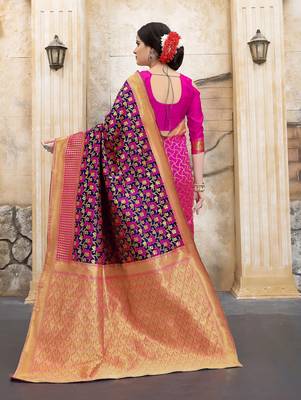 Navy blue woven silk blend saree with blouse 2