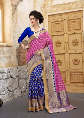 Pink woven silk blend saree with blouse 1