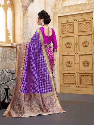 Blue woven silk blend saree with blouse 2