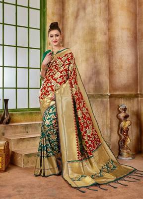 Red woven silk blend saree with blouse 1