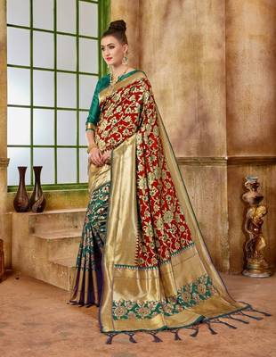 Red woven silk blend saree with blouse 3