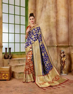 Navy blue woven silk blend saree with blouse 1