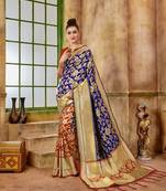 Navy blue woven silk blend saree with blouse