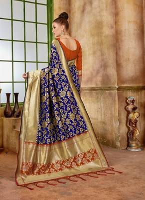 Navy blue woven silk blend saree with blouse 2
