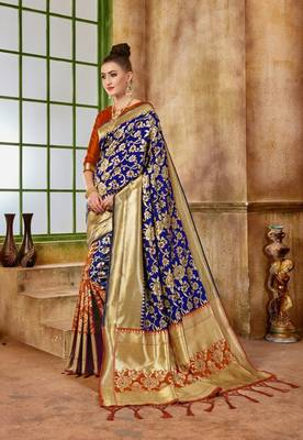 Navy blue woven silk blend saree with blouse 3
