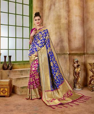 Blue woven silk blend saree with blouse 1